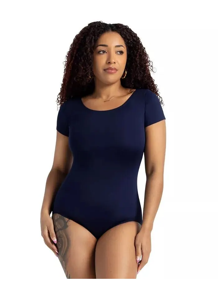 Базовый женский командный купальник с короткими рукавами Capezio — изображение 1 из 5, темно-синий