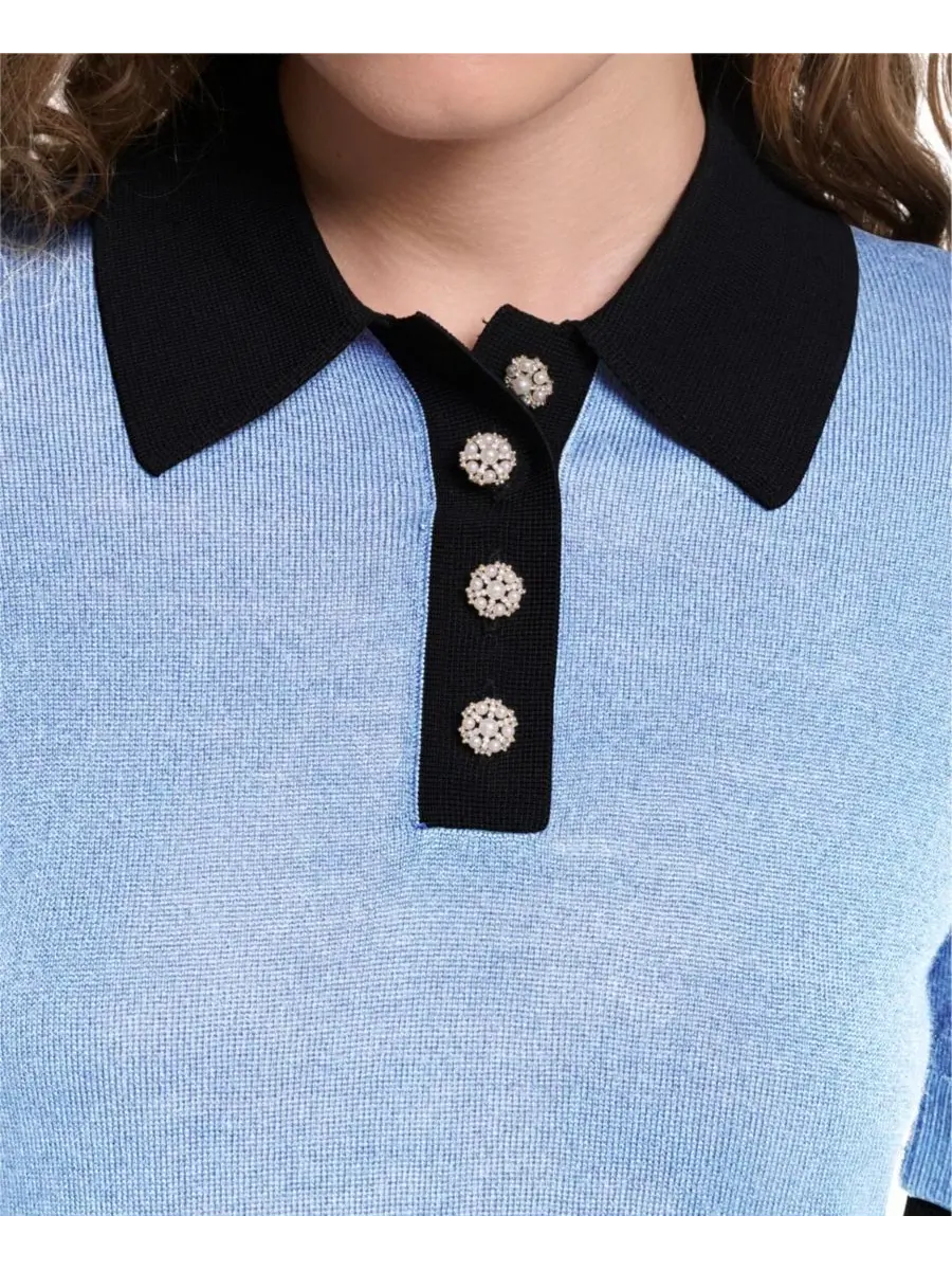 Джемпер с контрастным воротником Johnny collar и имитацией жемчуга KARL LAGERFELD PARIS — изображение 4 из 7, синий/черный