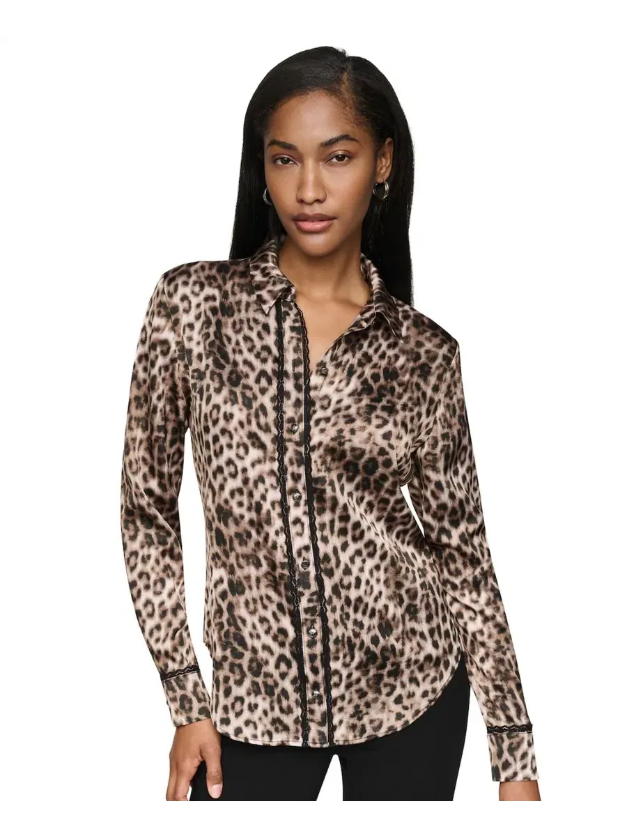 Блузка с принтом, с длинным рукавом, Petite Printed Satin Long-Sleeve Collared Top DKNY