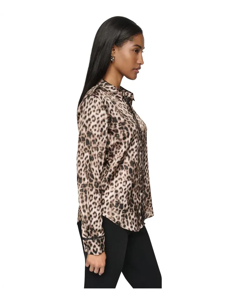 Блузка с принтом, с длинным рукавом, Petite Printed Satin Long-Sleeve Collared Top DKNY — изображение 3 из 6, мульти