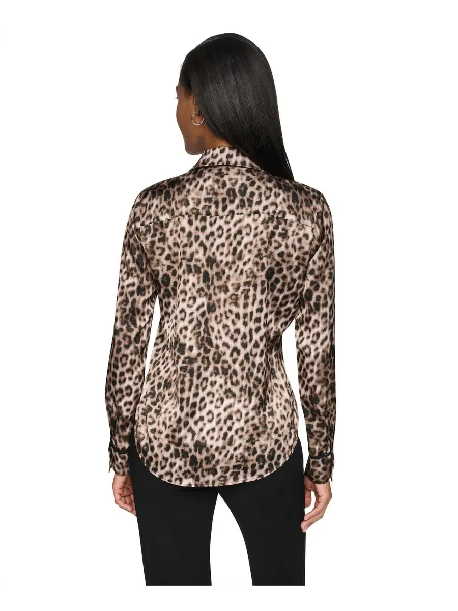 Блузка с принтом, с длинным рукавом, Petite Printed Satin Long-Sleeve Collared Top DKNY — изображение 4 из 6, мульти