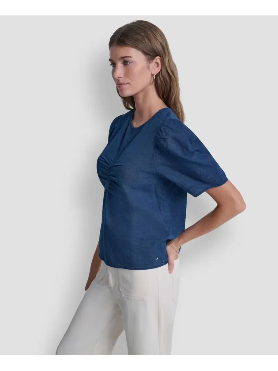 Блуза с коротким рукавом-фонарик, с защипами DKNY Jeans — изображение 3 из 6, синий