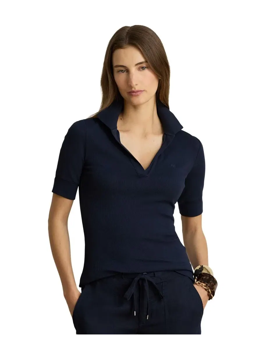 Женский топ с воротником-джонни и коротким рукавом Lauren Ralph Lauren — изображение 1 из 5, темно-синий