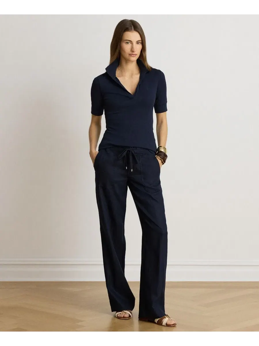 Женский топ с воротником-джонни и коротким рукавом Lauren Ralph Lauren — изображение 2 из 5, темно-синий
