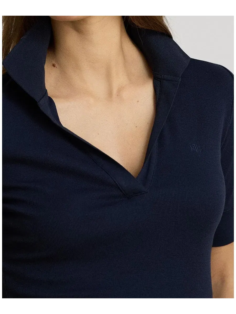 Женский топ с воротником-джонни и коротким рукавом Lauren Ralph Lauren — изображение 3 из 5, темно-синий