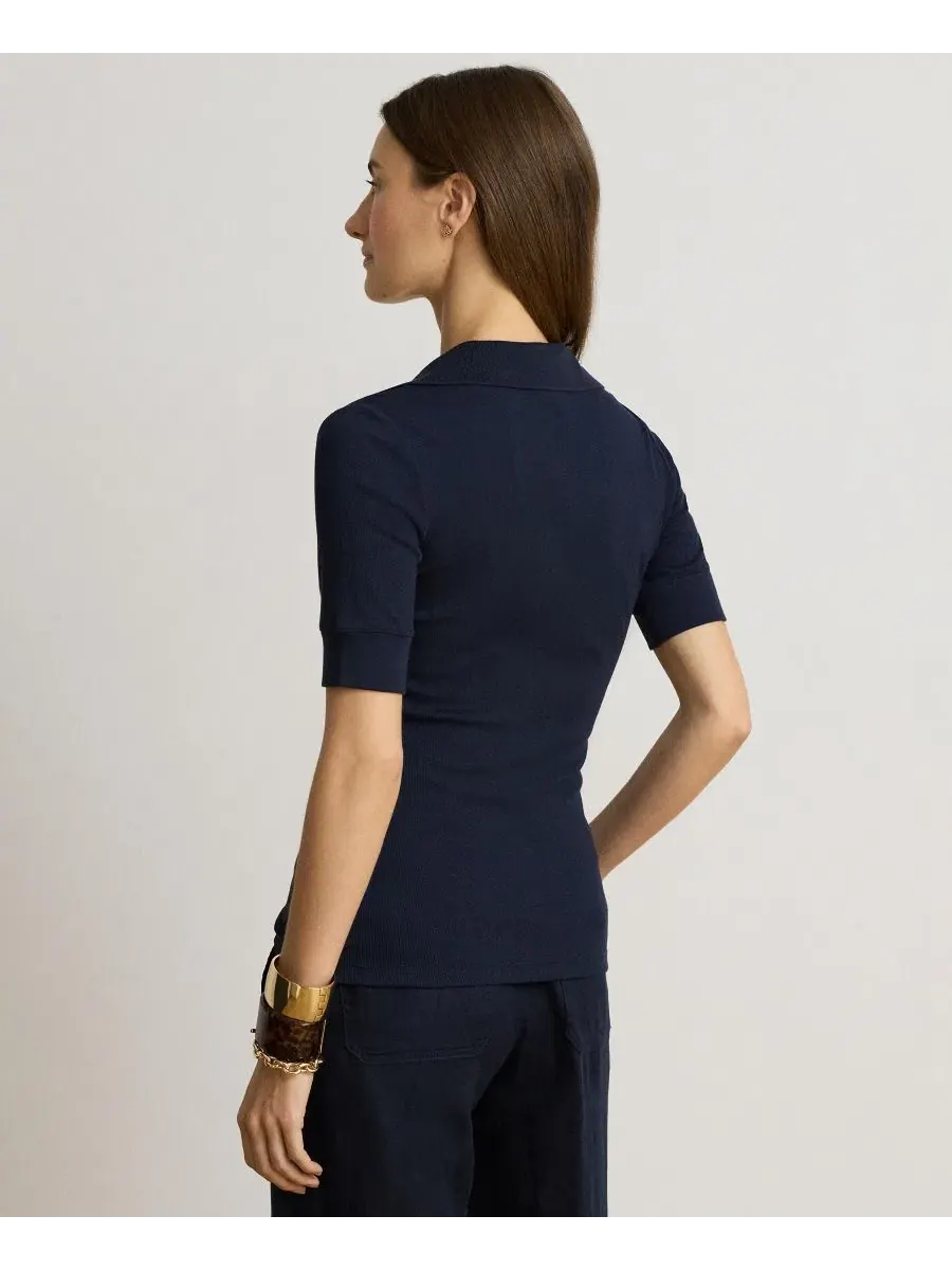 Женский топ с воротником-джонни и коротким рукавом Lauren Ralph Lauren — изображение 4 из 5, темно-синий