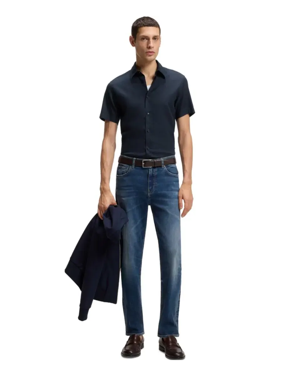 Рубашка с коротким рукавом Slim Fit Stretch Linen BOSS by Hugo Boss — изображение 4 из 6, синий