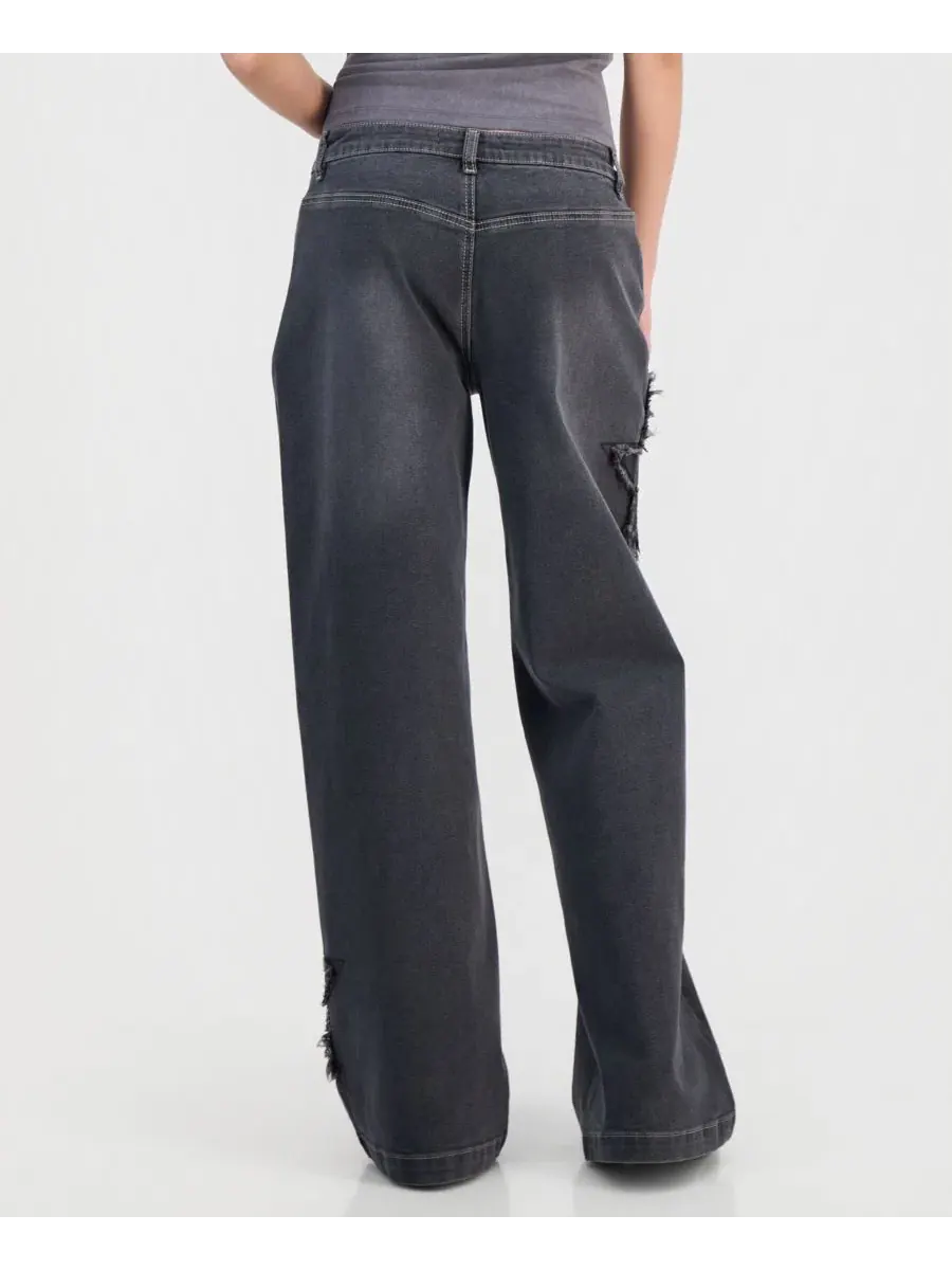 Джинсы с завышенной талией и принтом звезд, модель Star Patch High Rise Wide Leg Jeans Madden Girl — изображение 2 из 5