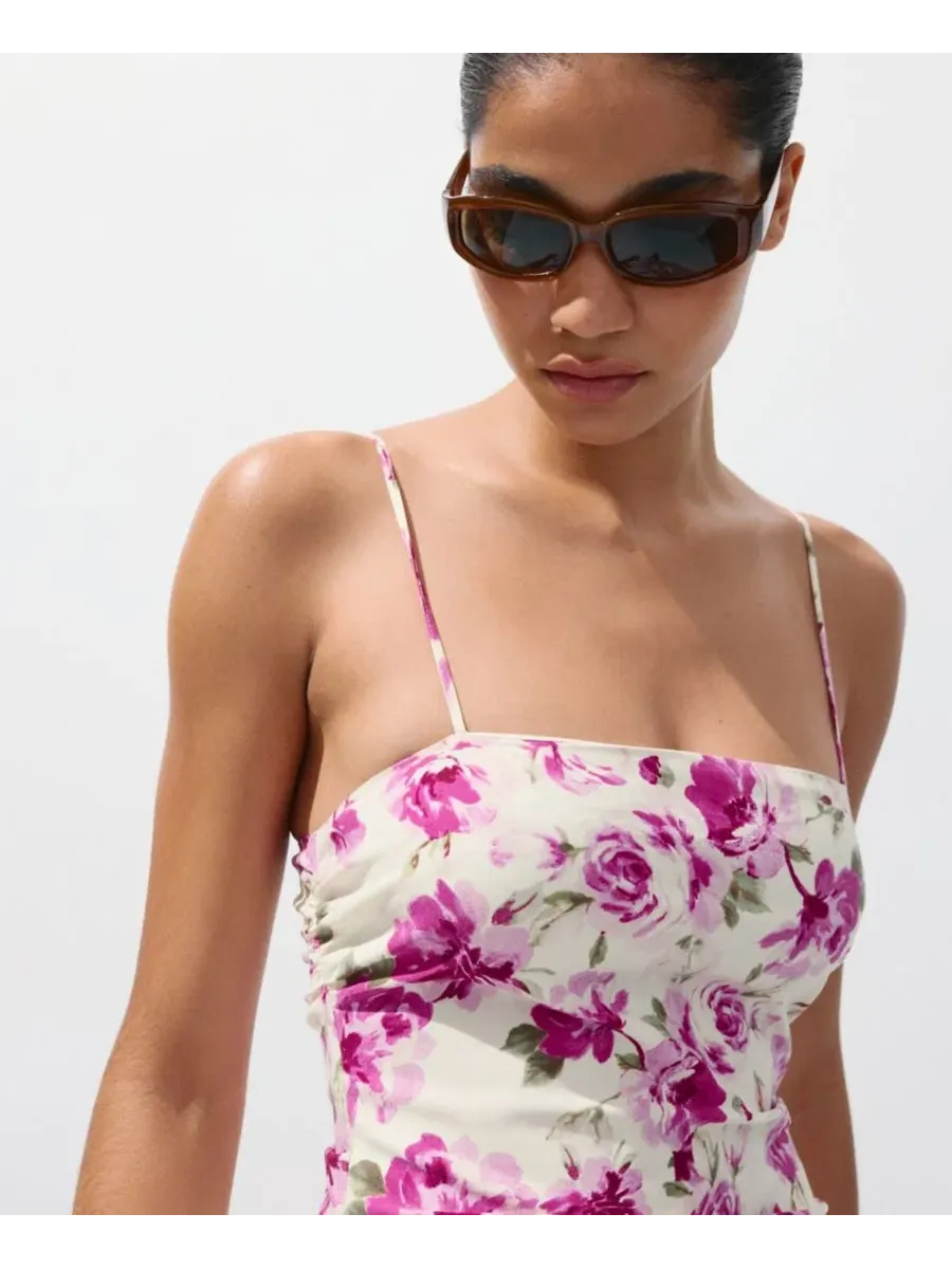 Платье мини с боковой драпировкой Floral Ruched Midi MANGO — изображение 4 из 7, экру