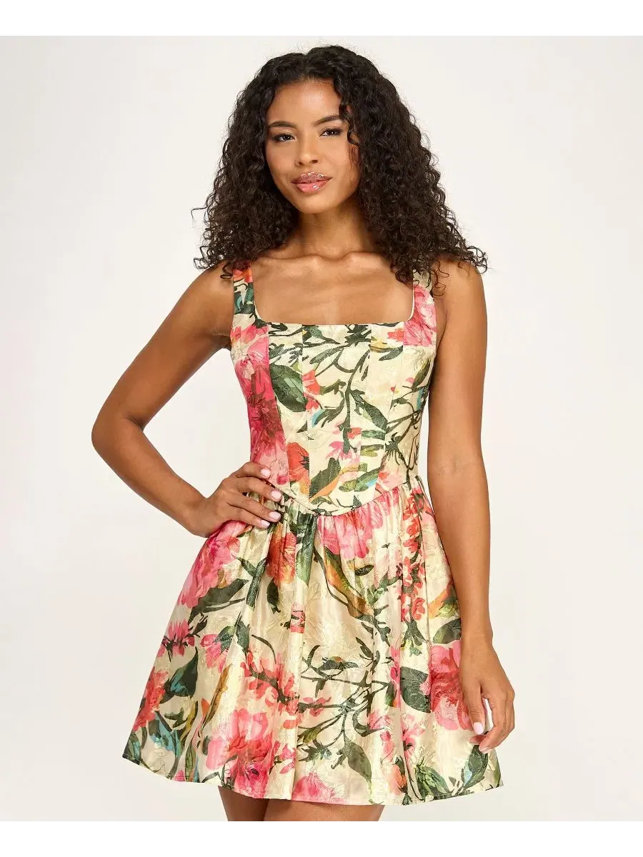 Платье-корсет на квадратном вырезе с принтом, модель Printed Jacquard Square Neck Corset Drop-Waist