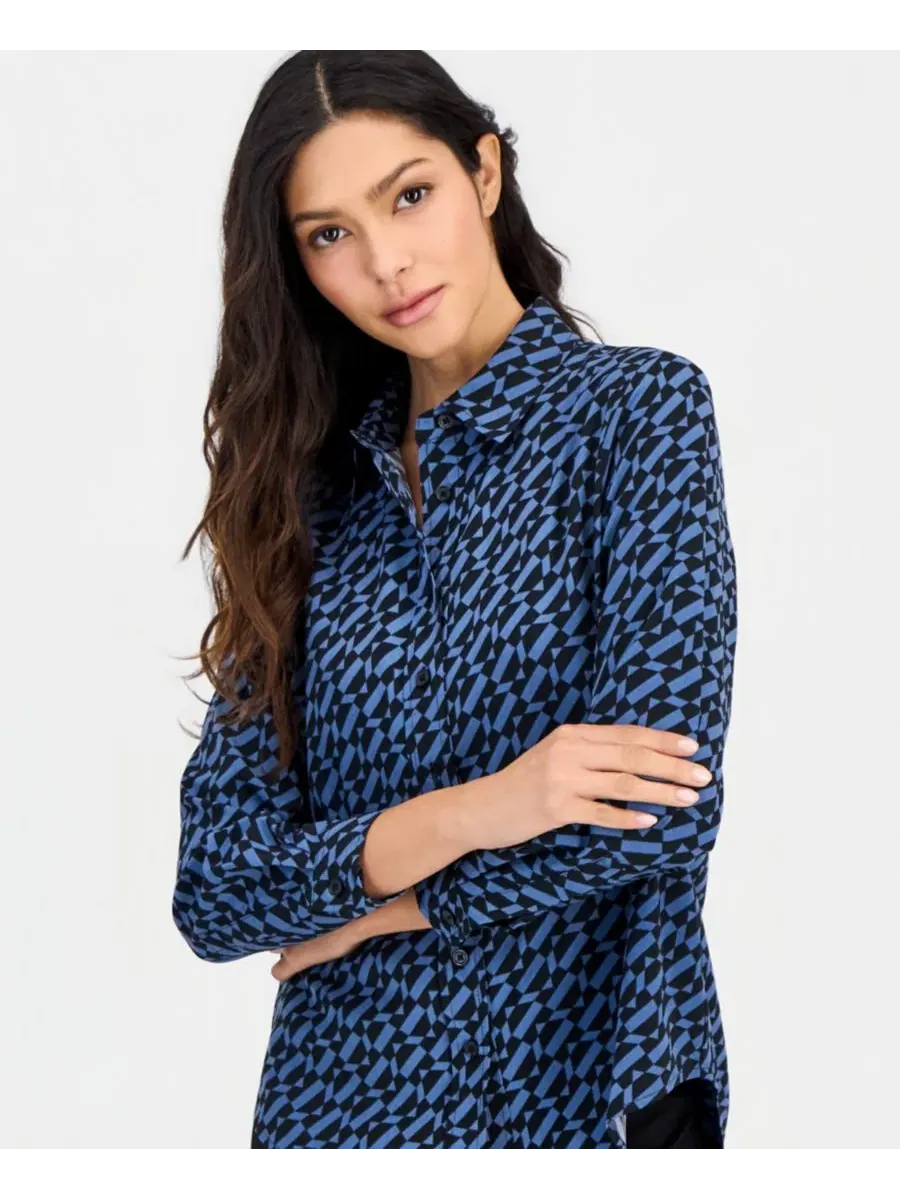 Блузка с принтом, с длинным рукавом Anne Klein Essentials — изображение 3 из 4, синий/черный