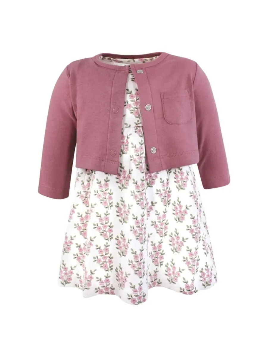 Удобный хлопковый комплект из платья и подходящего кардигана Hudson Baby, Plum Wildflower