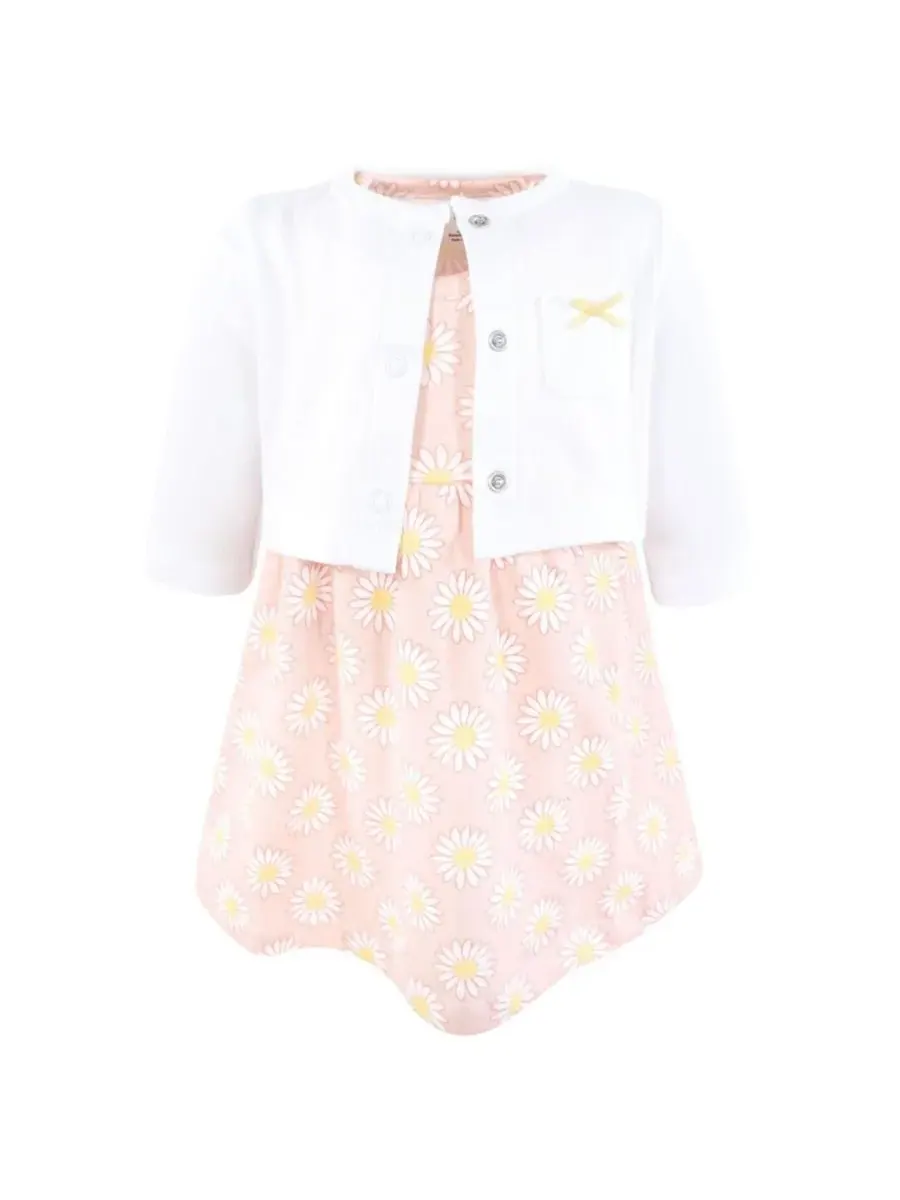 Удобный хлопковый комплект из платья и подходящего кардигана Hudson Baby — изображение 1 из 5, розовый