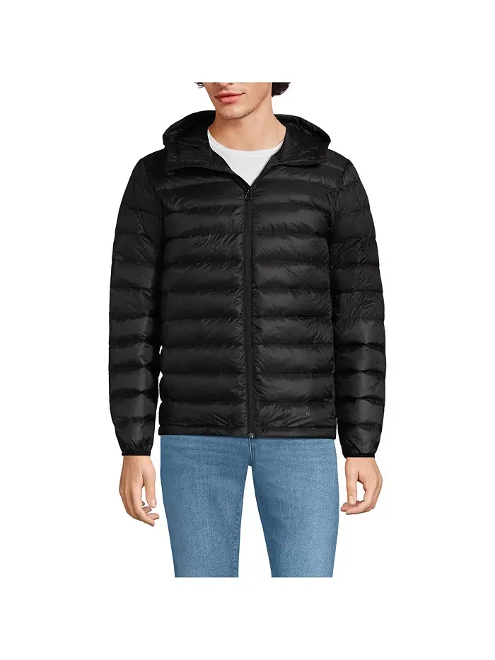 Мужская утепленная куртка с капюшоном Wanderweight Packable Down Lands' End — изображение 1 из 3, черный