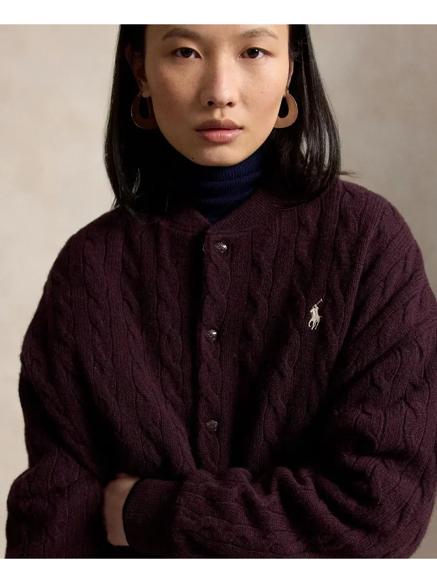 Женский жакет с кабельной вязкой и логотипом Polo Ralph Lauren, Damson Melange — изображение 3 из 5