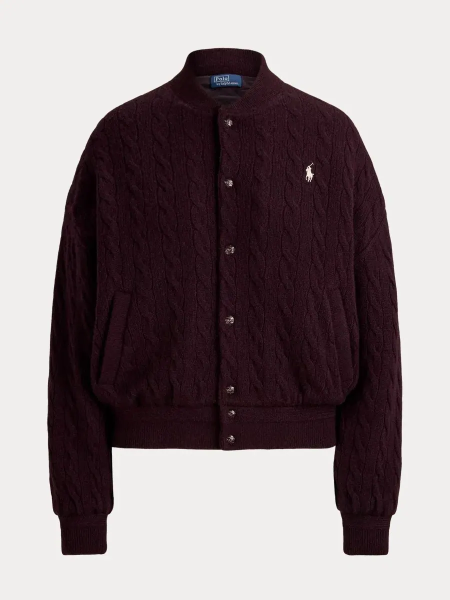 Женский жакет с кабельной вязкой и логотипом Polo Ralph Lauren, Damson Melange — изображение 5 из 5