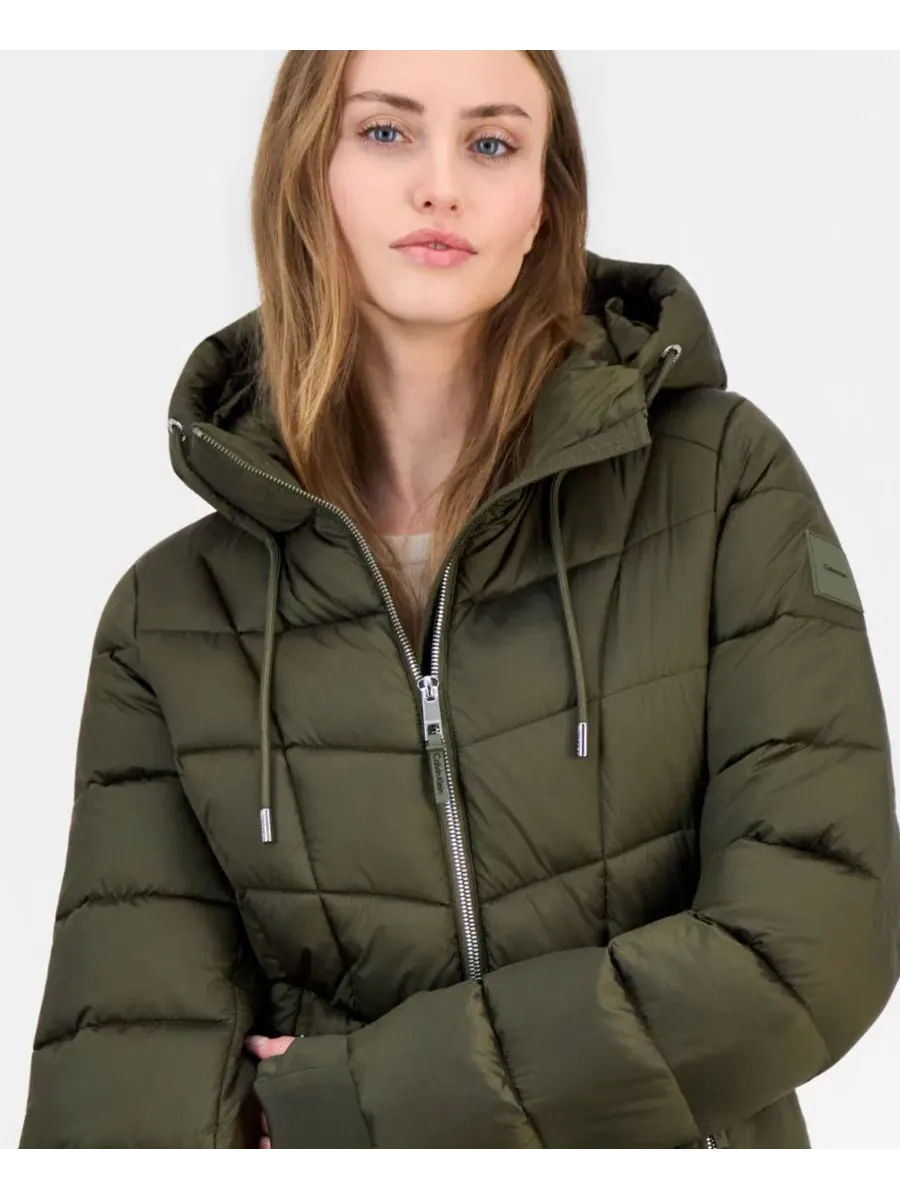 Пуховик Calvin Klein с капюшоном и кулиской — изображение 2 из 3, оливковый
