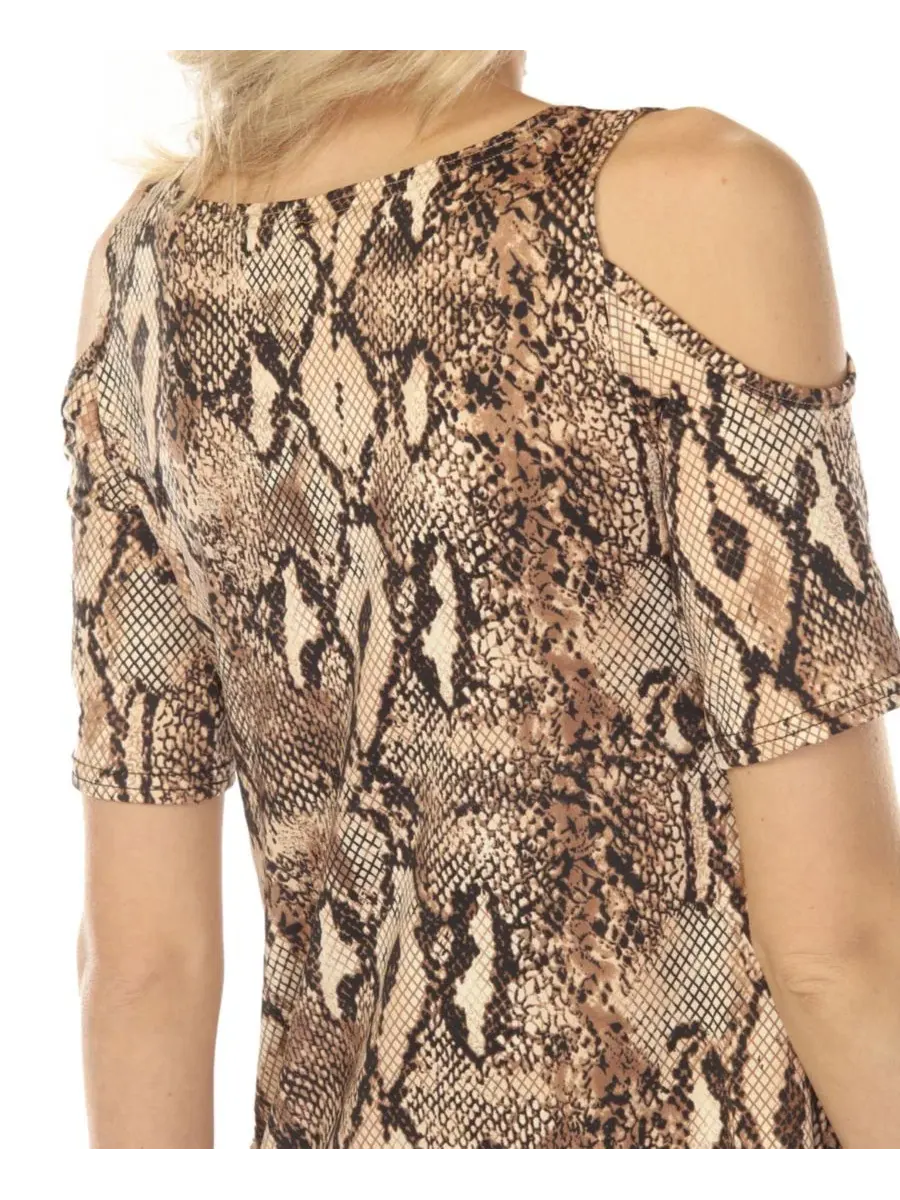 Блуза-трапеция с принтом Cold Shoulder Snake Print White Mark — изображение 4 из 5, коричневый