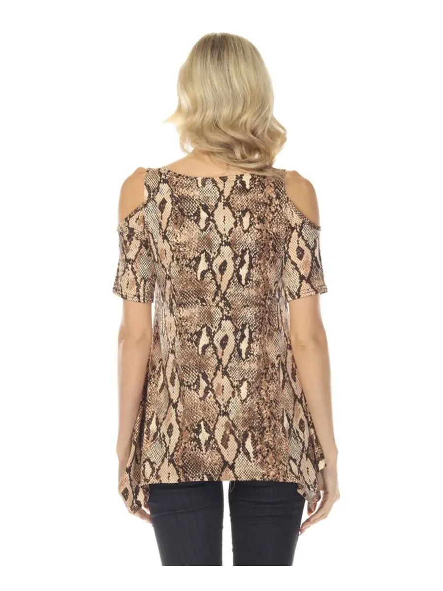 Блуза-трапеция с принтом Cold Shoulder Snake Print White Mark — изображение 5 из 5, коричневый