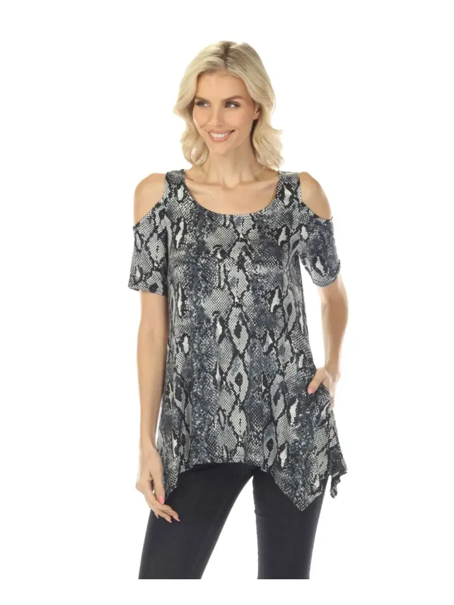 Топ с открытыми плечами с принтом Cold Shoulder Snake Print Swing Top White Mark — изображение 1 из 5, серый