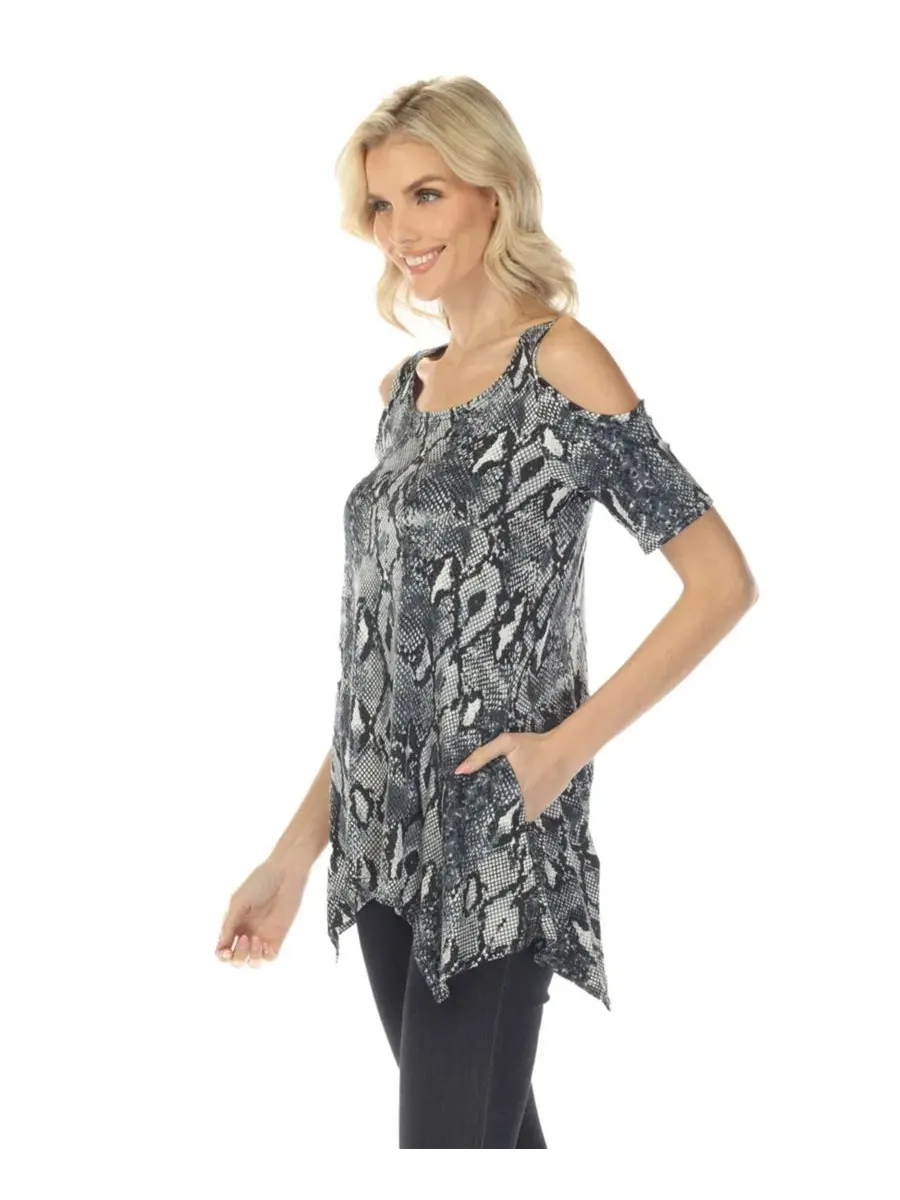 Топ с открытыми плечами с принтом Cold Shoulder Snake Print Swing Top White Mark — изображение 3 из 5, серый