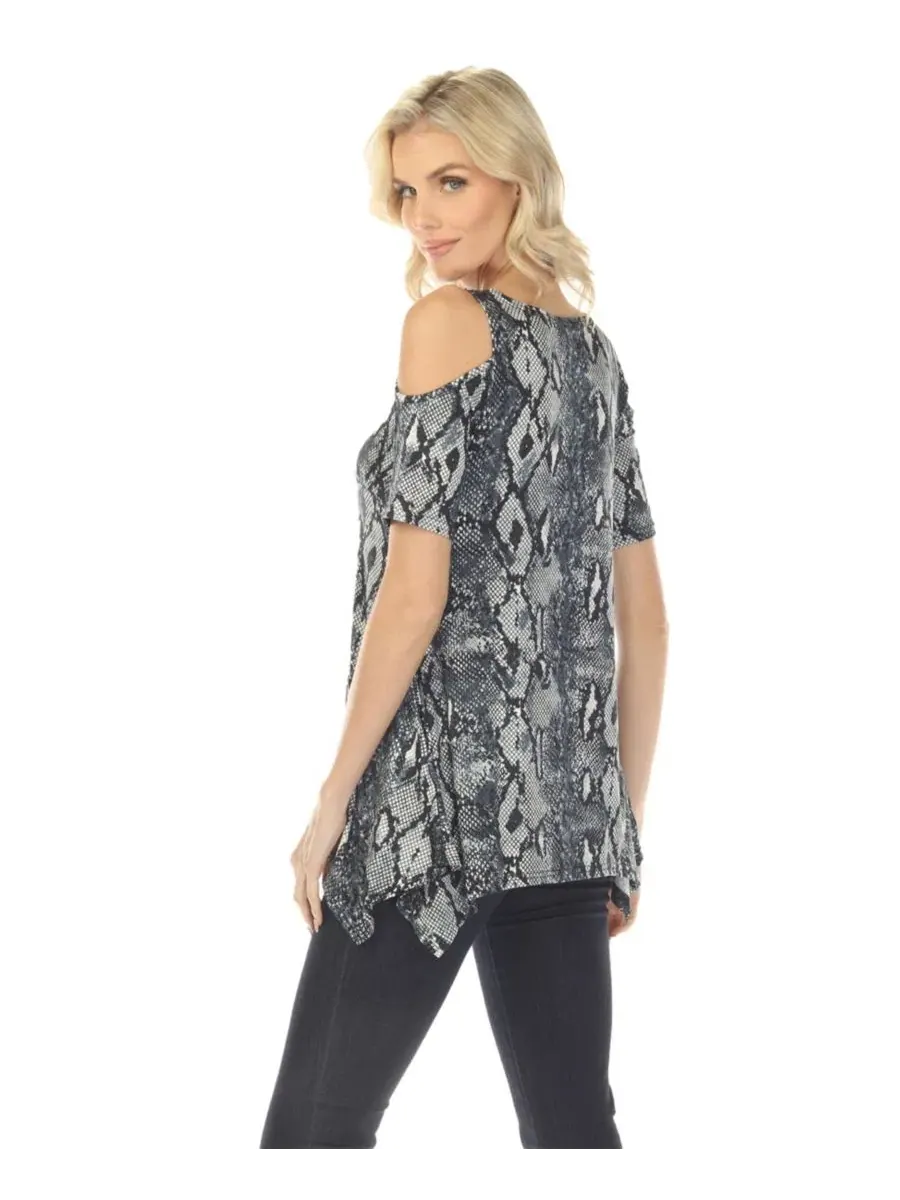 Топ с открытыми плечами с принтом Cold Shoulder Snake Print Swing Top White Mark — изображение 5 из 5, серый