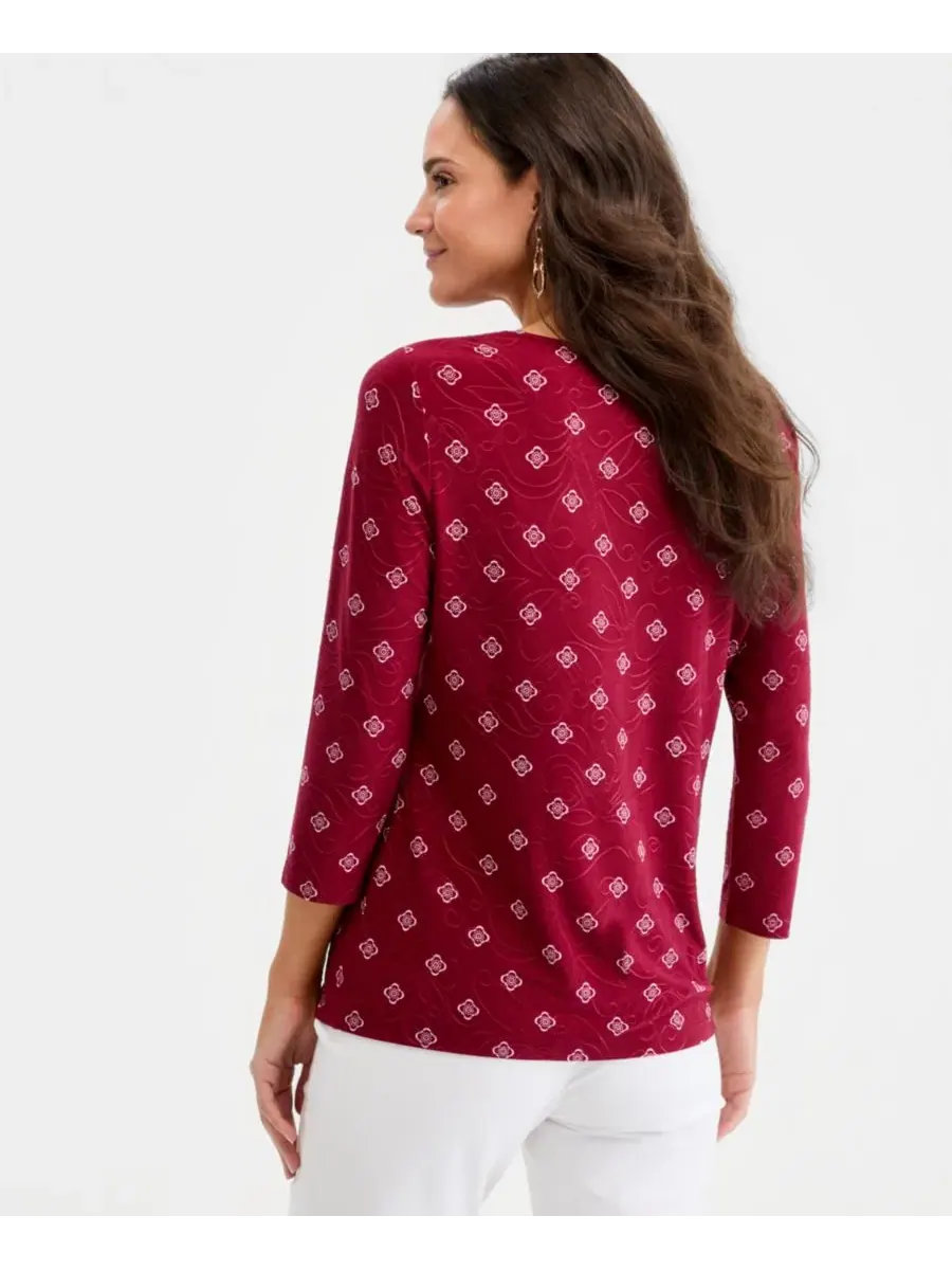 Женский топ с принтом и рукавом 3/4 JM Collection — изображение 4 из 4, красный