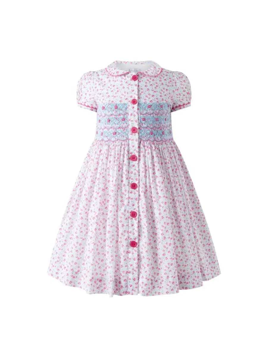 Платье с цветочным принтом и пуговицами спереди, модель Floral Smocked Button-Front Rachel Riley — белый
