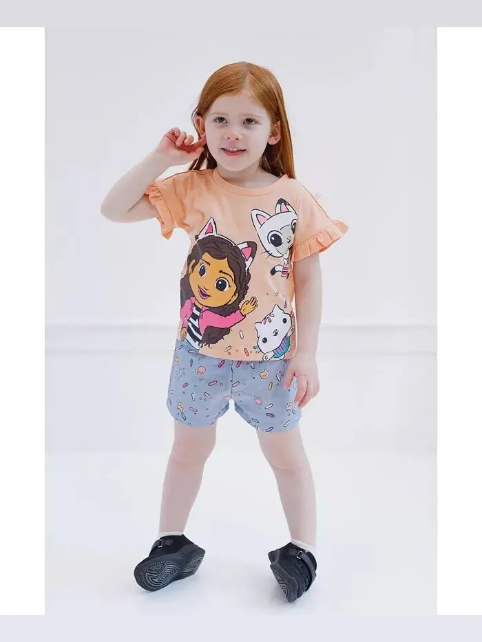 Комплект одежды из футболки Pandy Paws Cakey Cat и шорт из шамбре для маленьких девочек Dreamworks — изображение 7 из 7