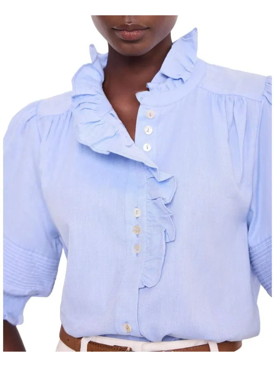 Блуза с рюшами Cotton Chambray, короткий рукав Mint Velvet — изображение 2 из 5, синий