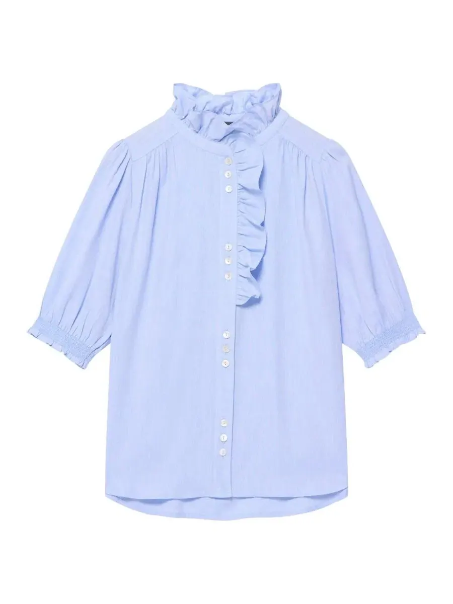 Блуза с рюшами Cotton Chambray, короткий рукав Mint Velvet — изображение 4 из 5, синий