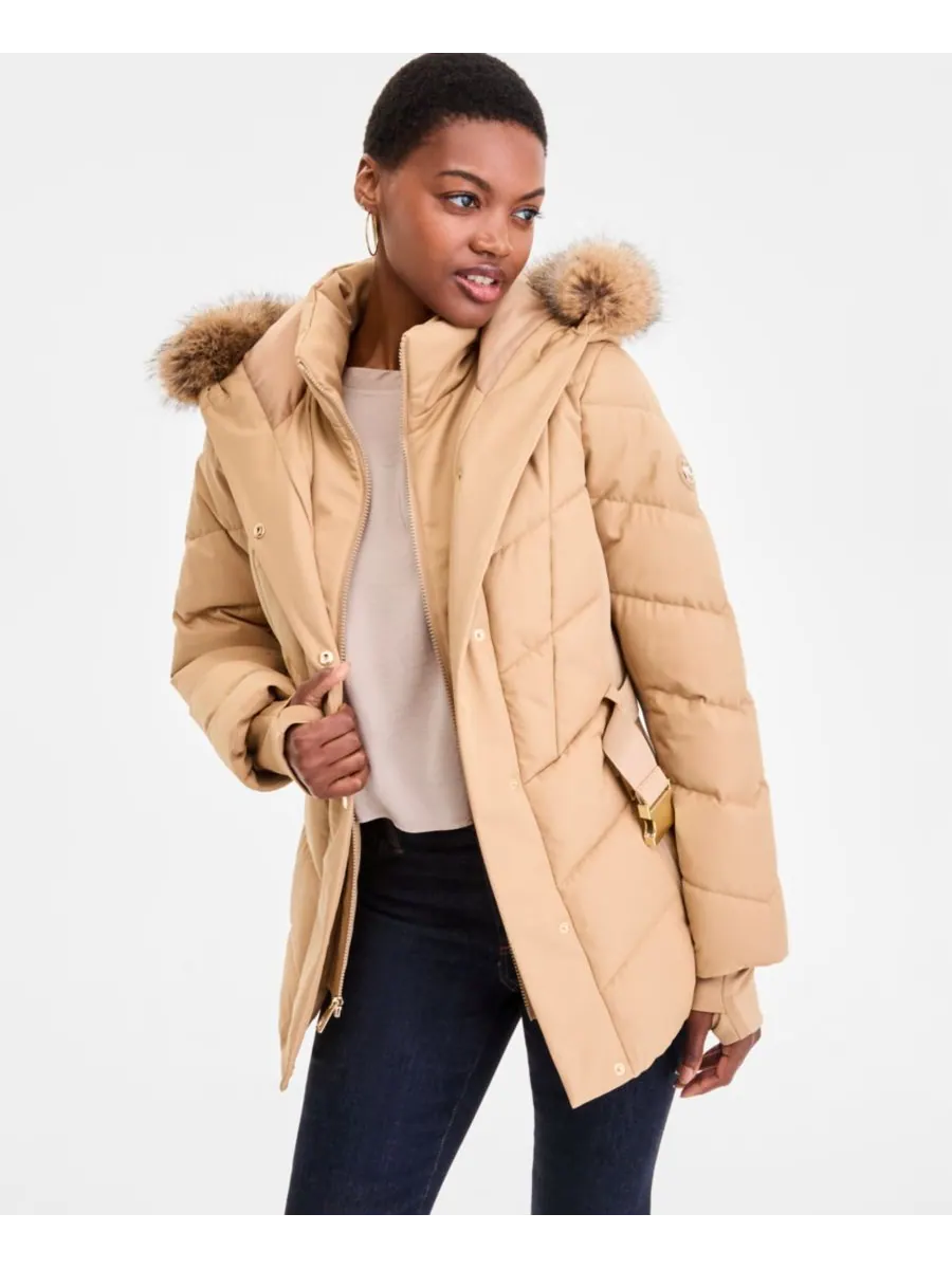 Женское пуховое пальто с капюшоном и отделкой из искусственного меха Michael Kors — изображение 4 из 5, хаки