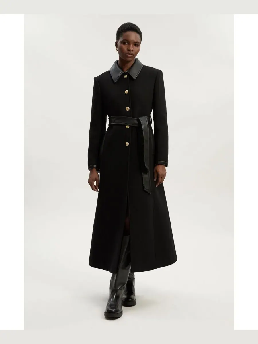 Женское длинное пальто из смеси шерсти и искусственной кожи с поясом Karen Millen