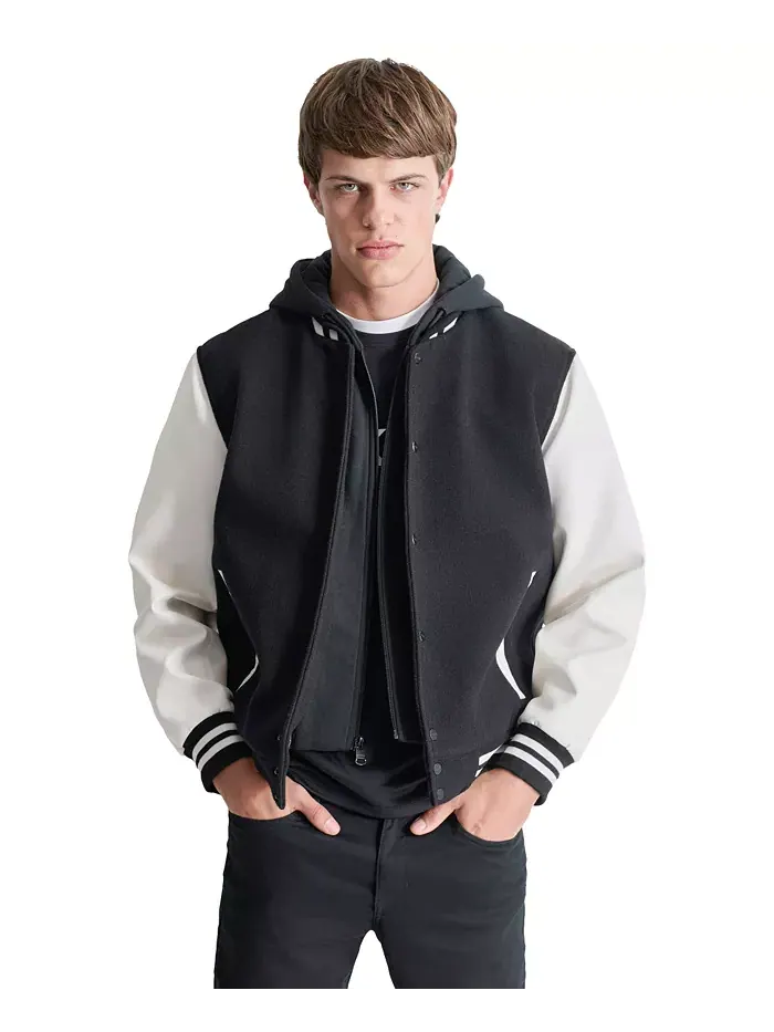 Мужская варисити куртка с цветными блоками и съемным капюшоном Dkny