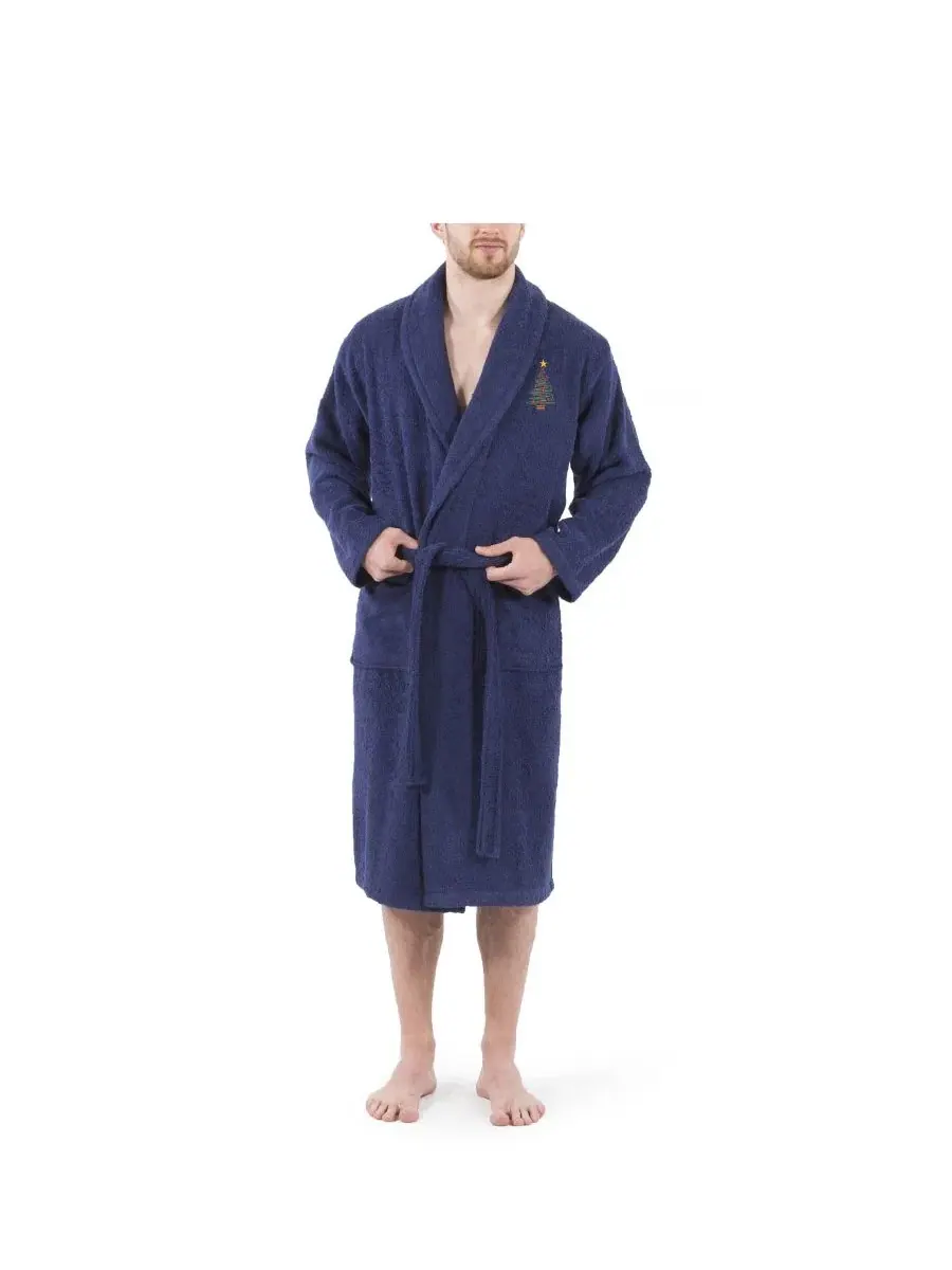 Халат из махровой ткани с вышивкой в виде рождественской елки Linum Home — изображение 2 из 5, темно-синий