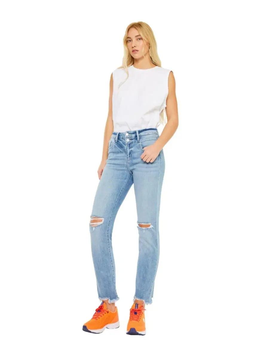 Джинсы прямого кроя с бахромой Clover High Rise Straight Slim KanCan — изображение 3 из 7, светлая стирка