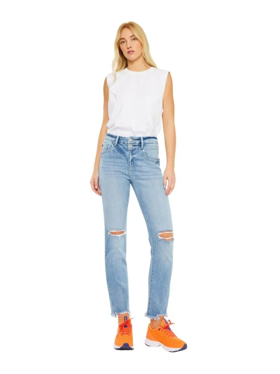 Джинсы прямого кроя с бахромой Clover High Rise Straight Slim KanCan — изображение 4 из 7, светлая стирка