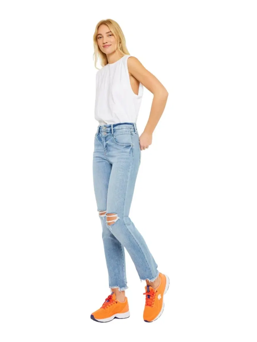 Джинсы прямого кроя с бахромой Clover High Rise Straight Slim KanCan — изображение 5 из 7, светлая стирка
