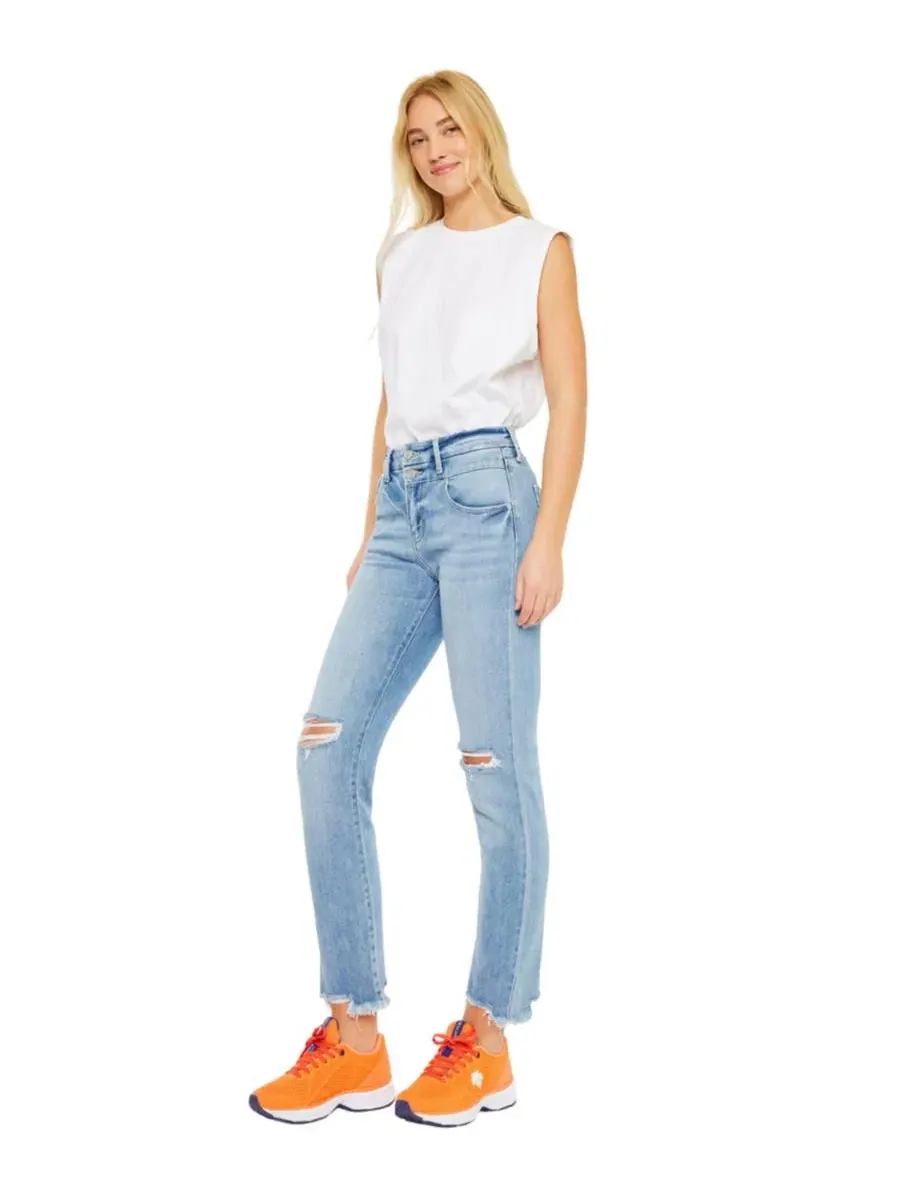 Джинсы прямого кроя с бахромой Clover High Rise Straight Slim KanCan — изображение 6 из 7, светлая стирка