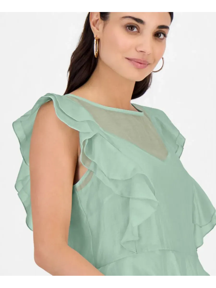 Блуза-пеплум с коротким рукавом-воланами, модель Petite Ruffle-Sleeve Peplum Blouse I.N.C — изображение 2 из 6, зеленый
