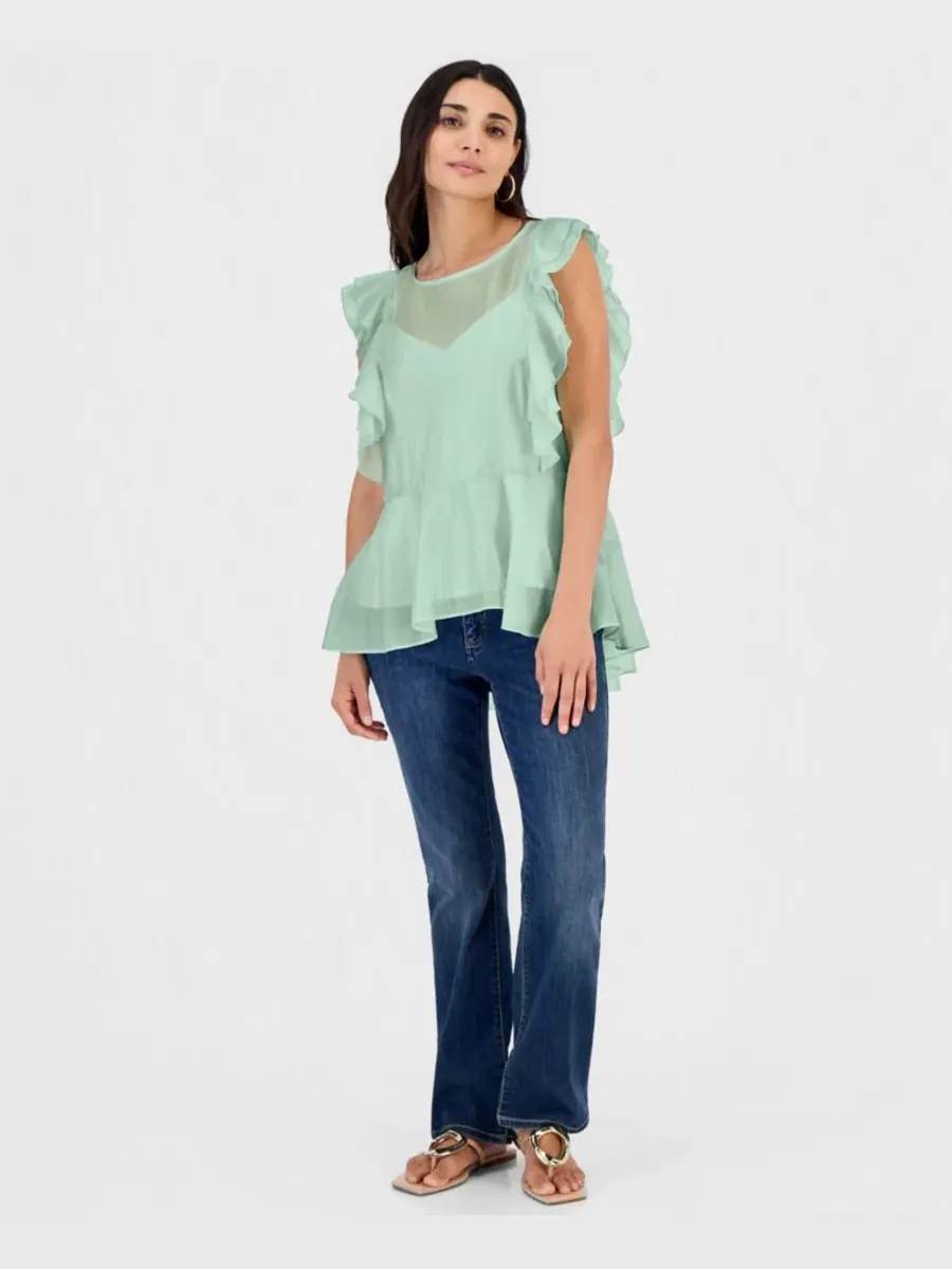 Блуза-пеплум с коротким рукавом-воланами, модель Petite Ruffle-Sleeve Peplum Blouse I.N.C — изображение 3 из 6, зеленый