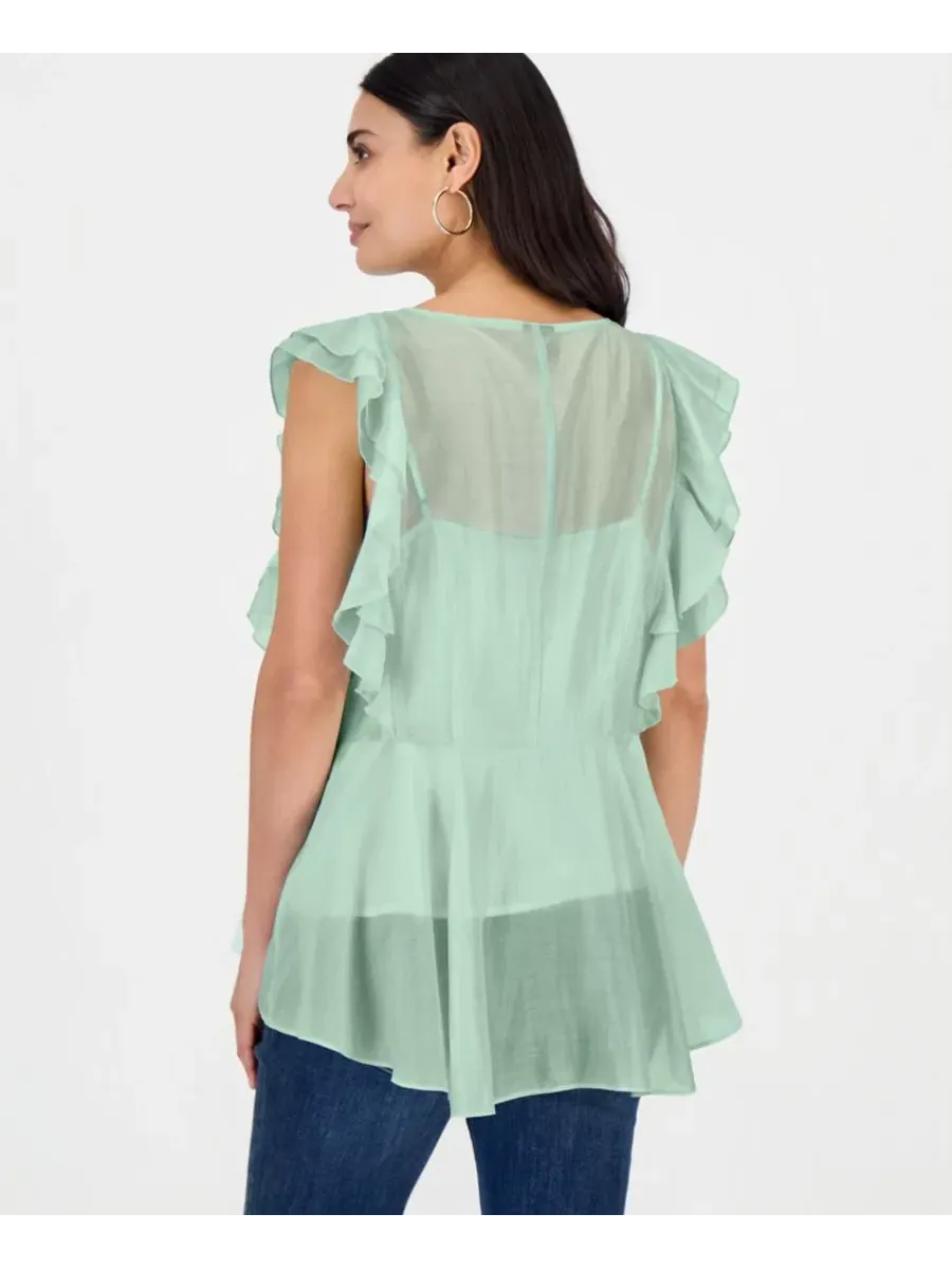 Блуза-пеплум с коротким рукавом-воланами, модель Petite Ruffle-Sleeve Peplum Blouse I.N.C — изображение 5 из 6, зеленый