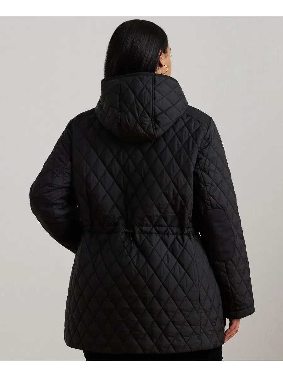Утепленное пальто-анорак с капюшоном, стеганое, с локтевыми заплатками, Plus Size Lauren Ralph — изображение 2 из 5, черный