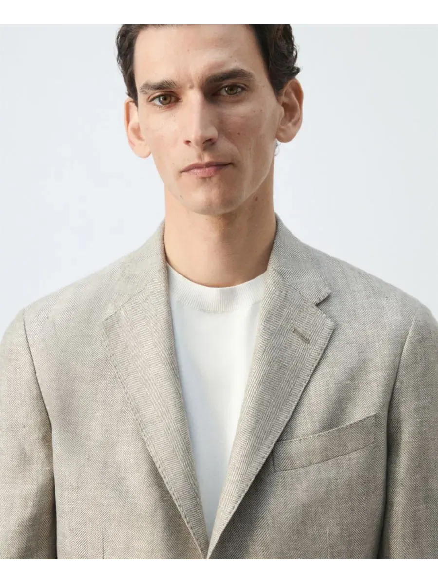 Мужской пиджак прямого кроя из льна с лацканами, Slim Fit MANGO — изображение 3 из 7, зеленый