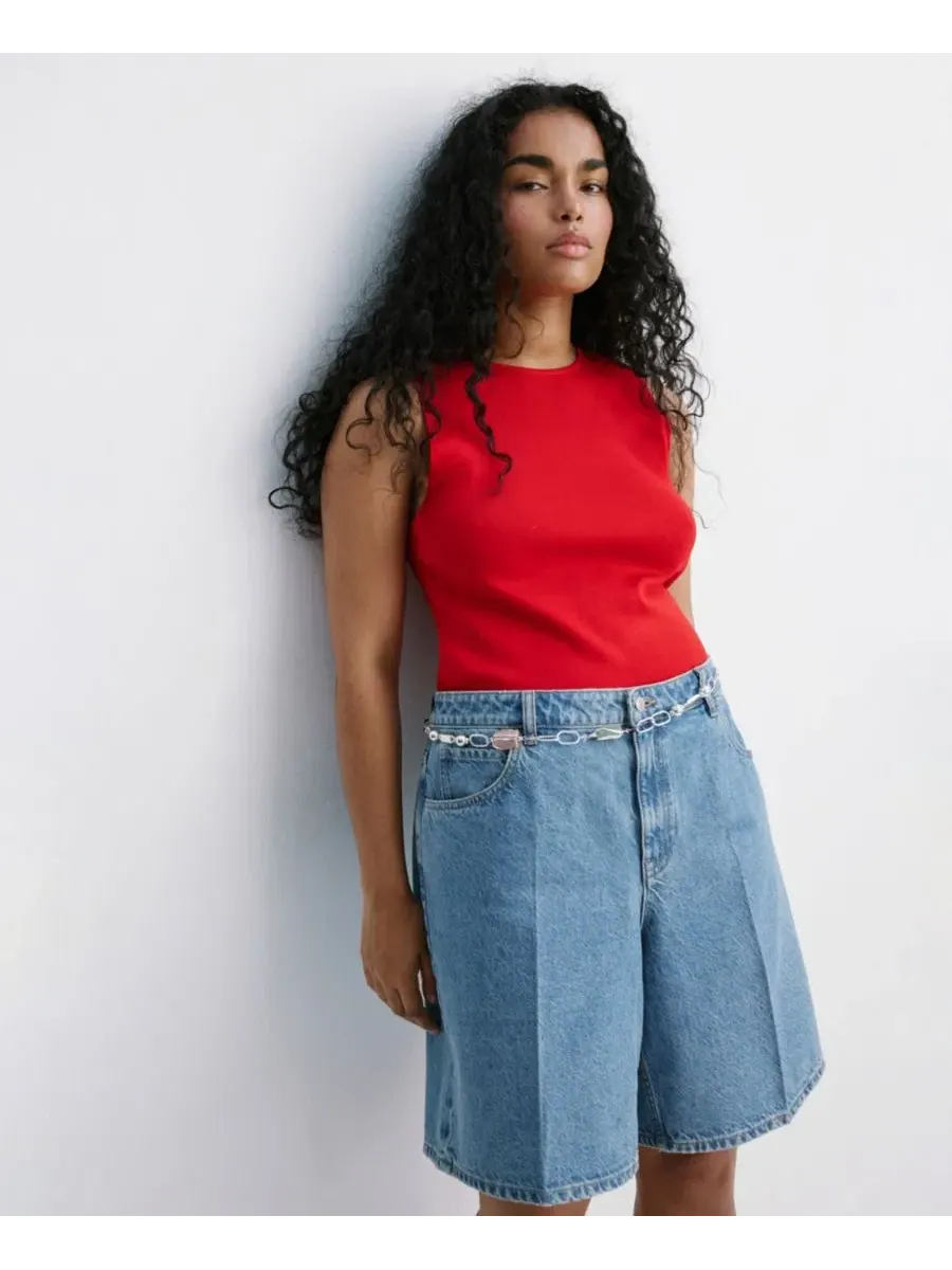 Шорты джинсовые с высокой посадкой прямого кроя High-Waist Straight-Fit Denim Shorts MANGO — изображение 3 из 9, синий