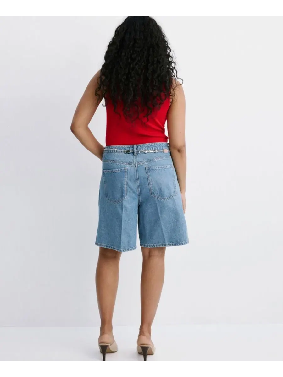 Шорты джинсовые с высокой посадкой прямого кроя High-Waist Straight-Fit Denim Shorts MANGO — изображение 4 из 9, синий