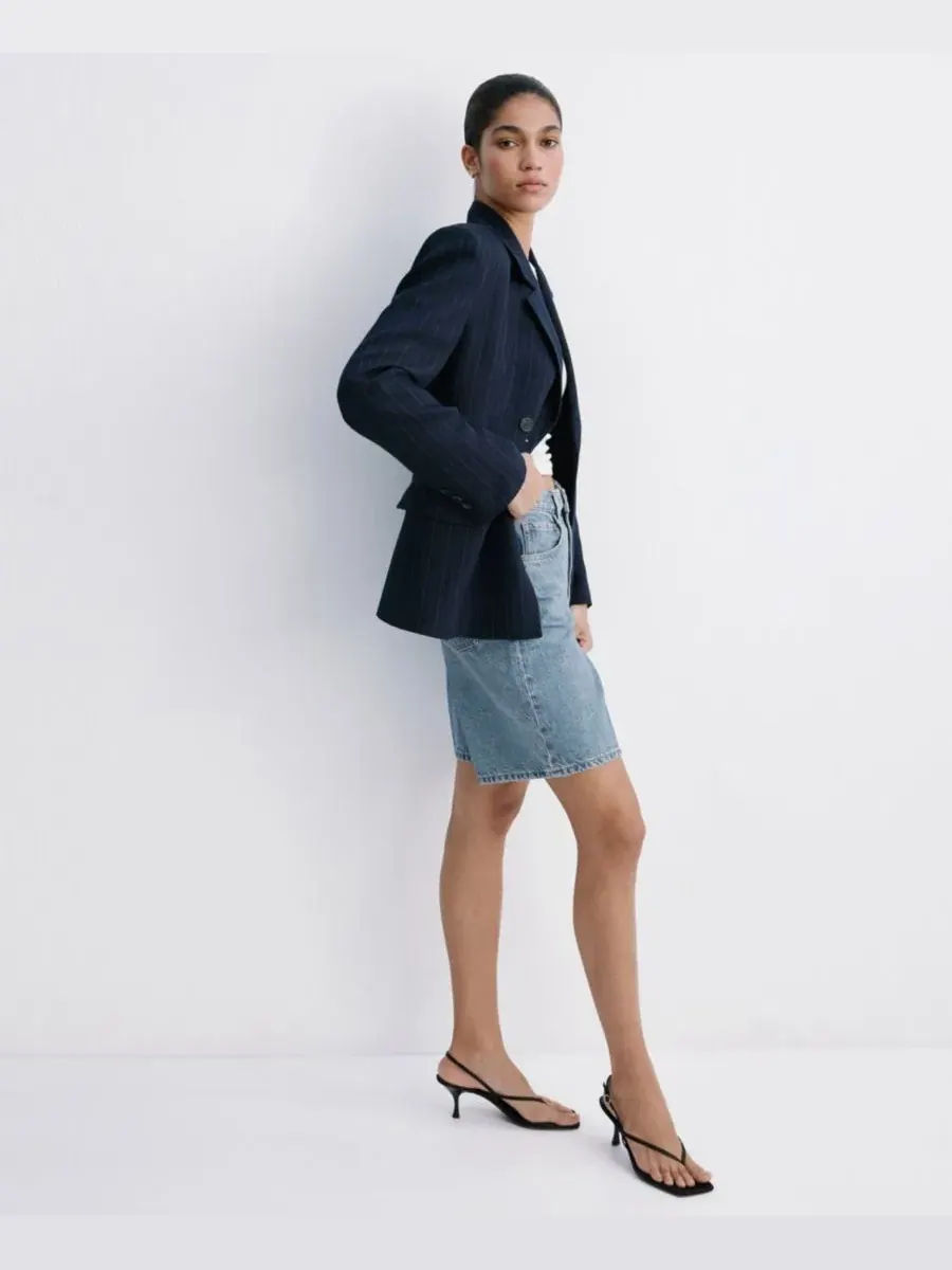 Шорты джинсовые с высокой посадкой прямого кроя High-Waist Straight-Fit Denim Shorts MANGO — изображение 6 из 9, синий