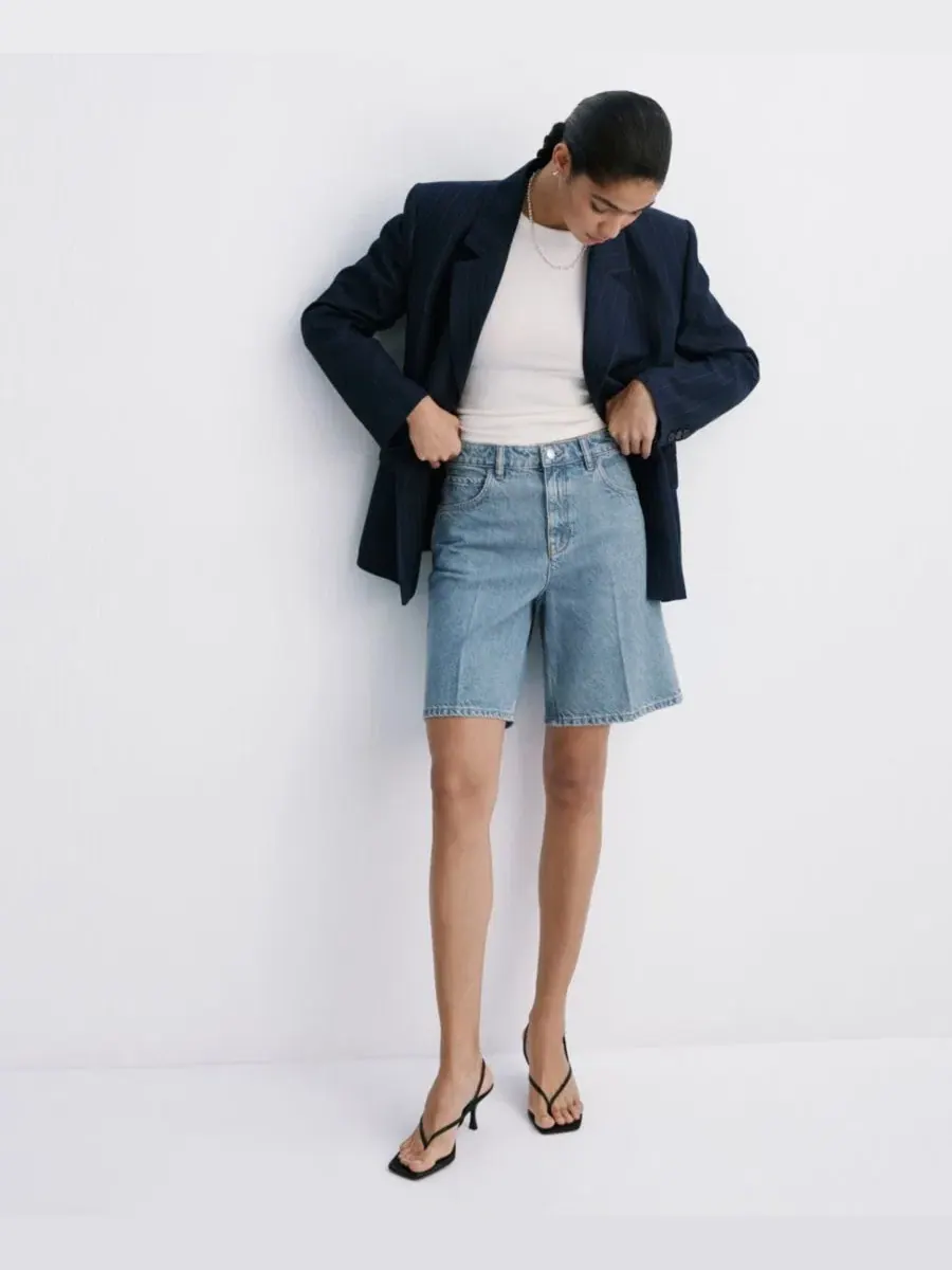 Шорты джинсовые с высокой посадкой прямого кроя High-Waist Straight-Fit Denim Shorts MANGO — изображение 9 из 9, синий