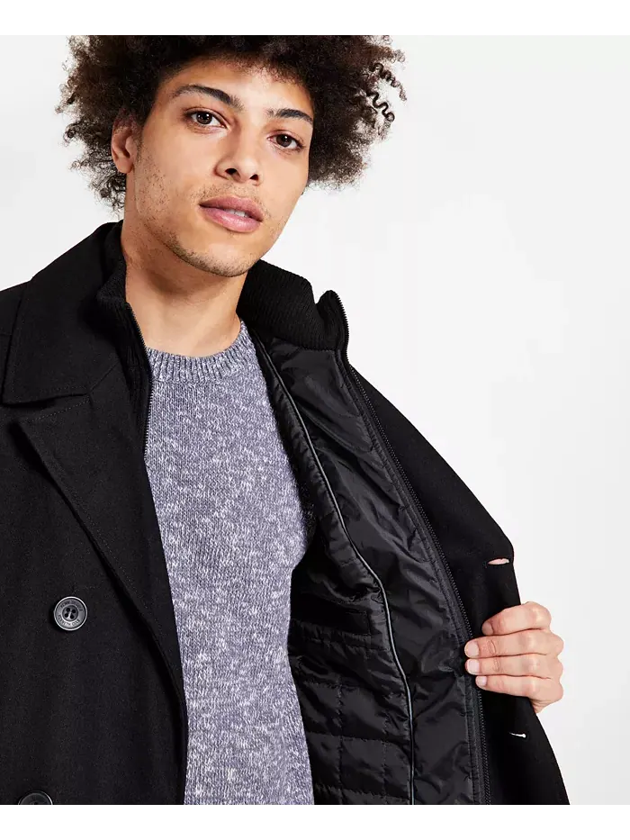 Мужское двубортное пальто из шерстяной смеси Peacoat с нагрудником Kenneth Cole — изображение 3 из 6, черный