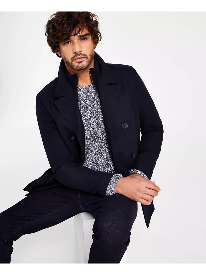 Мужское двубортное пальто из шерстяной смеси Peacoat с нагрудником Kenneth Cole — изображение 1 из 5, темно-синий